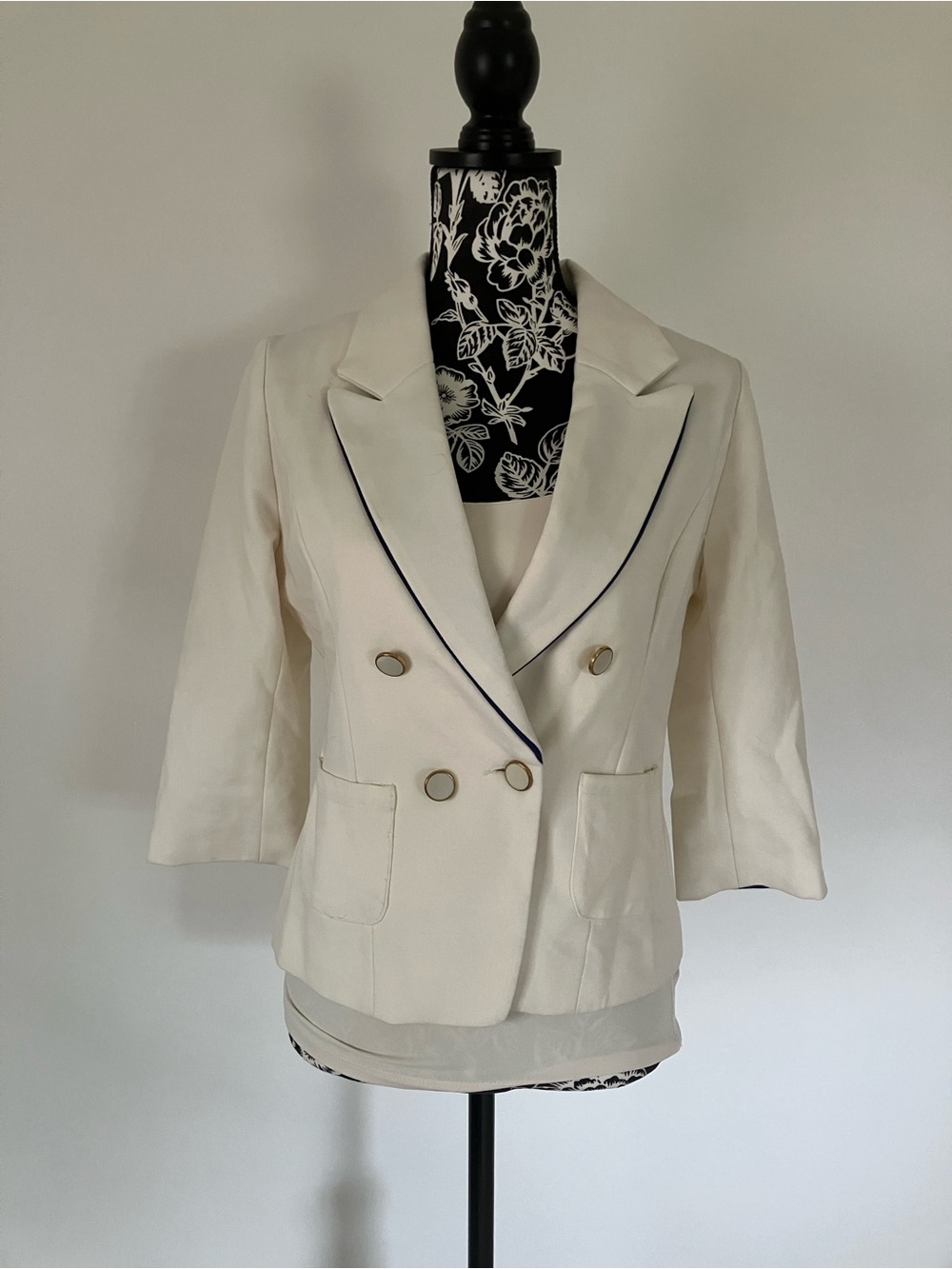 hazel Cream Double-Breasted Blazer with Navy Trim